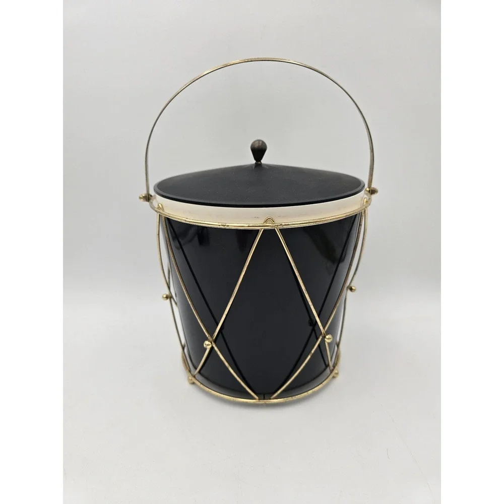 Vintage American Thermos 3940 Ice Bucket Black Gold Metal Wire Drum Frame MCM